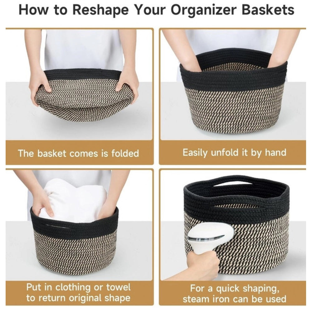 Generic Cotton 9x7 Inch Pack of 3 Storage Basket For Clothes (Black-Beige) Secondary image
