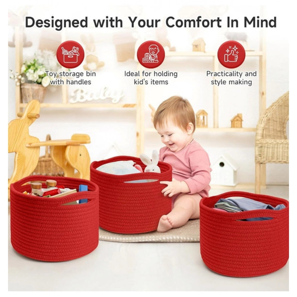 Generic Cotton 9x7 Inch Pack of 3 Storage Basket For Clothes (Red)
