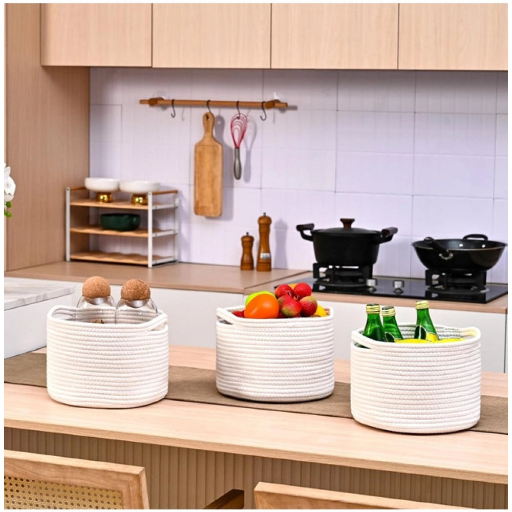 Generic Cotton 9x7 Inch Pack of 3 Storage Basket For Clothes (White) Secondary image