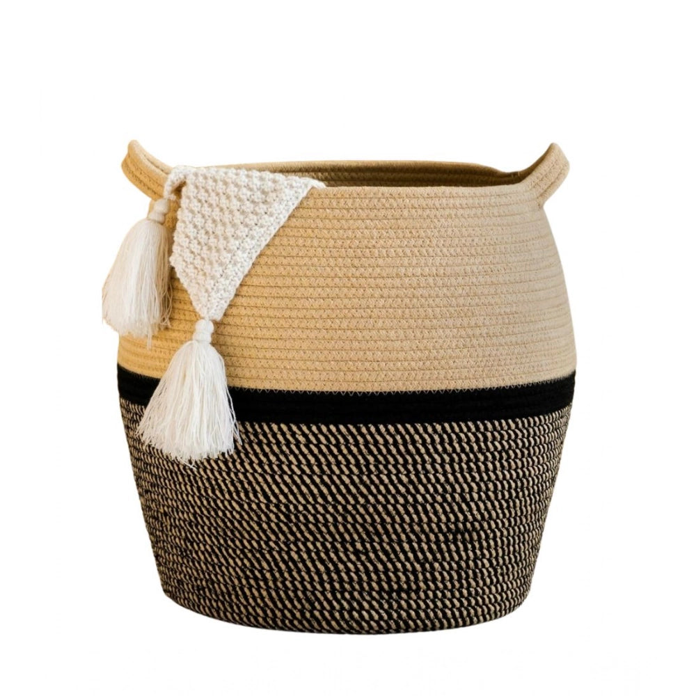 Generic Cotton Matka 14x12 Inch Storage Basket For Clothes (Beige Black) Main image