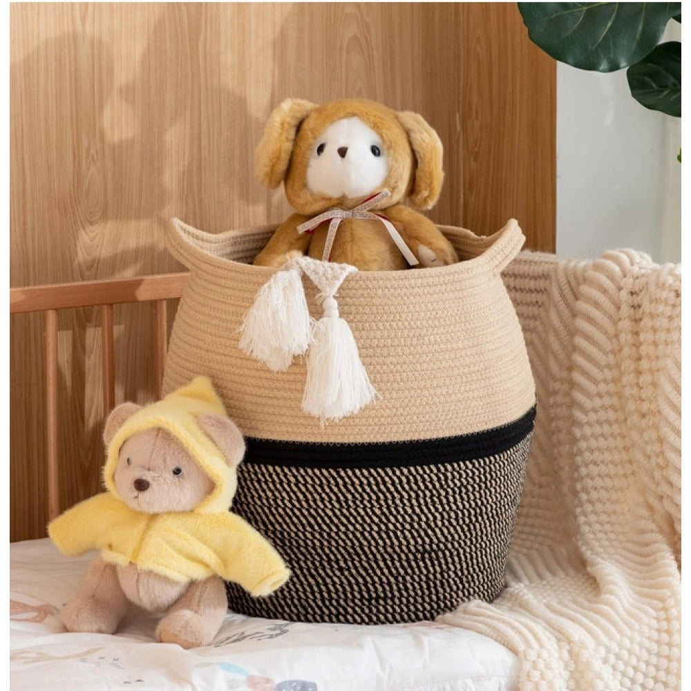 Generic Cotton Matka 14x12 Inch Storage Basket For Clothes (Beige Black) Secondary image
