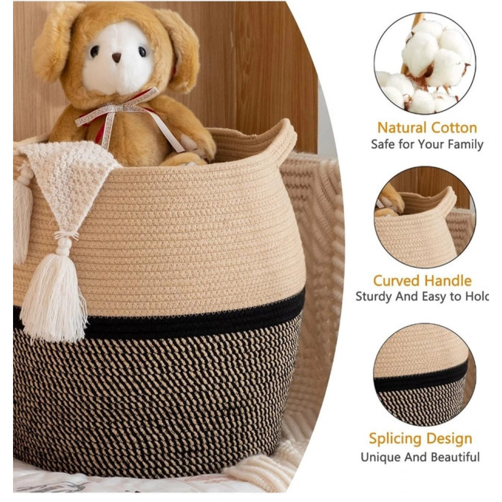 Generic Cotton Matka 14x12 Inch Storage Basket For Clothes (Beige Black)