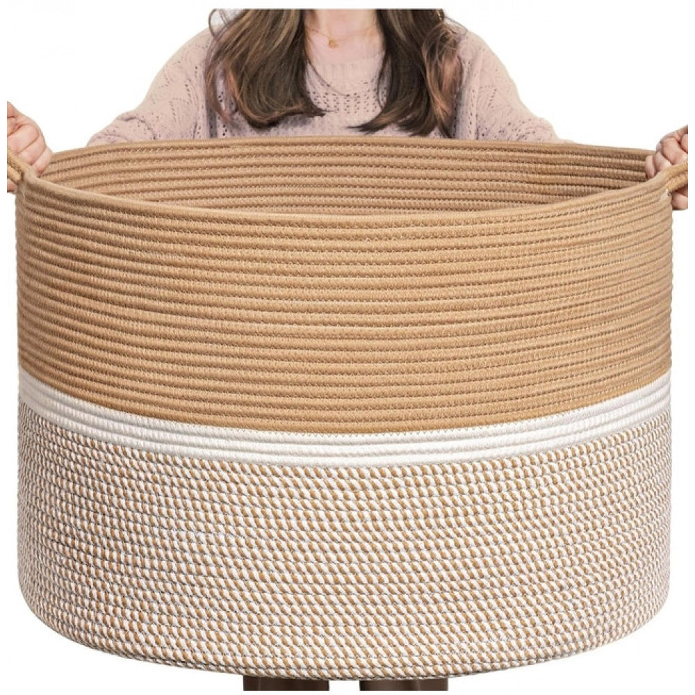 Generic Cotton Dori 16x14 Inch Storage Basket For Clothes (Beige-Beige White) Main image