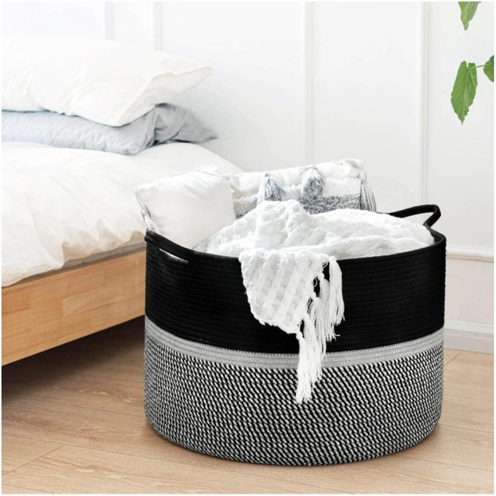 Generic Cotton Dori 16x14 Inch Storage Basket For Clothes (Black-Black White) Secondary image
