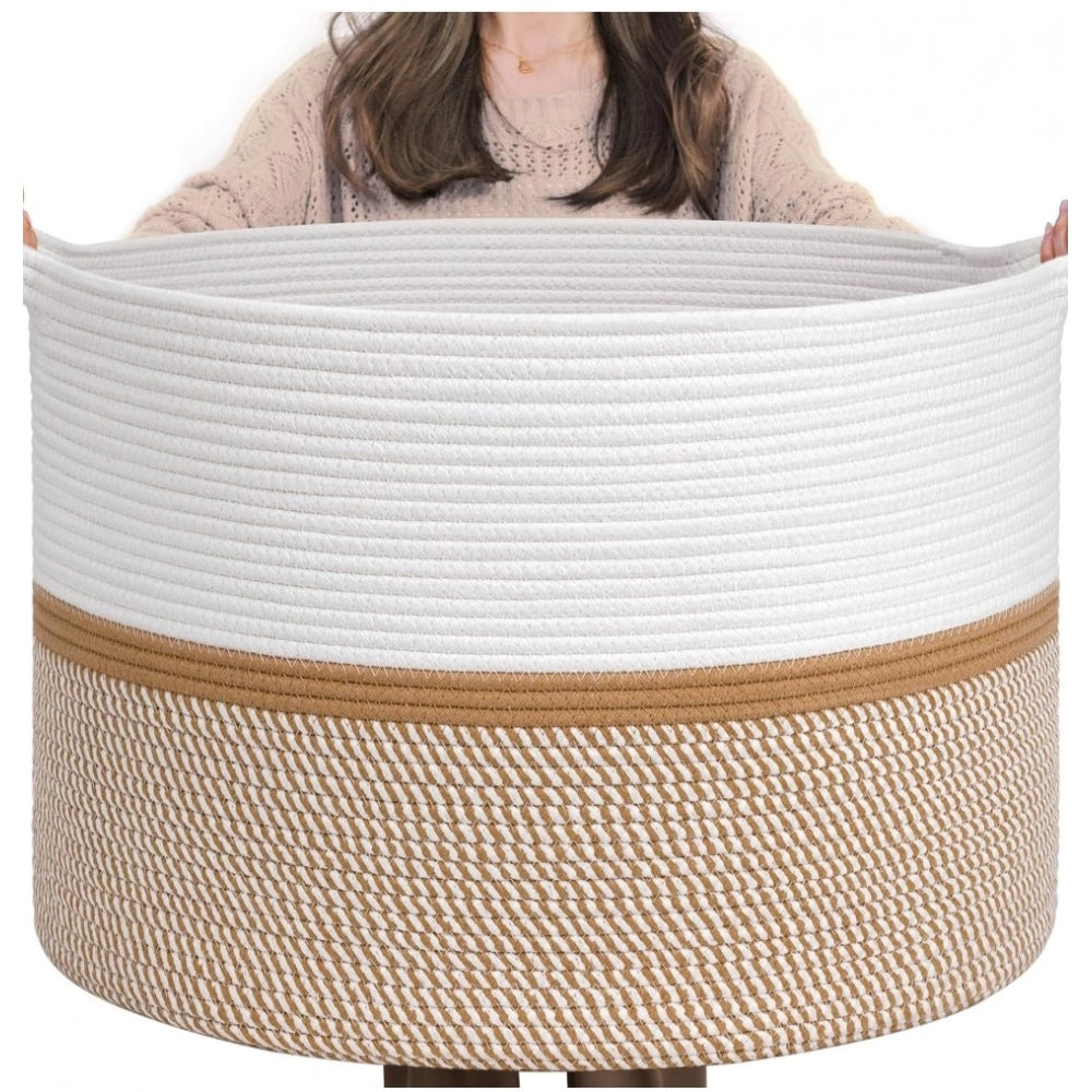 Generic Cotton Dori 16x14 Inch Storage Basket For Clothes (White-Beige White) Main image