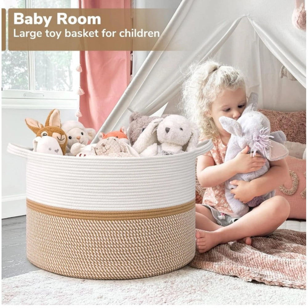 Generic Cotton Dori 16x14 Inch Storage Basket For Clothes (White-Beige White) Secondary image