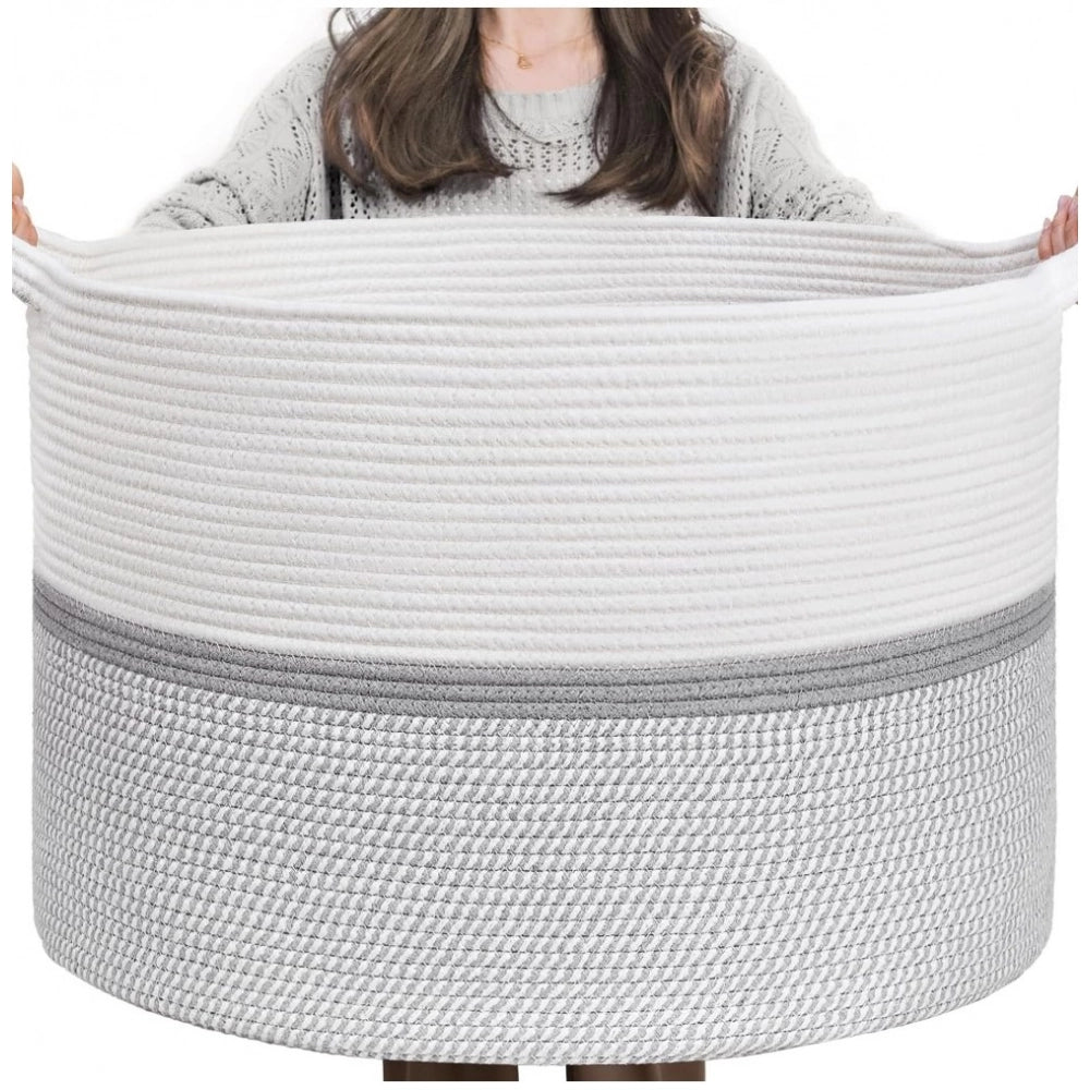 Generic Cotton Dori 16x14 Inch Storage Basket For Clothes (White-Gray White) Main image