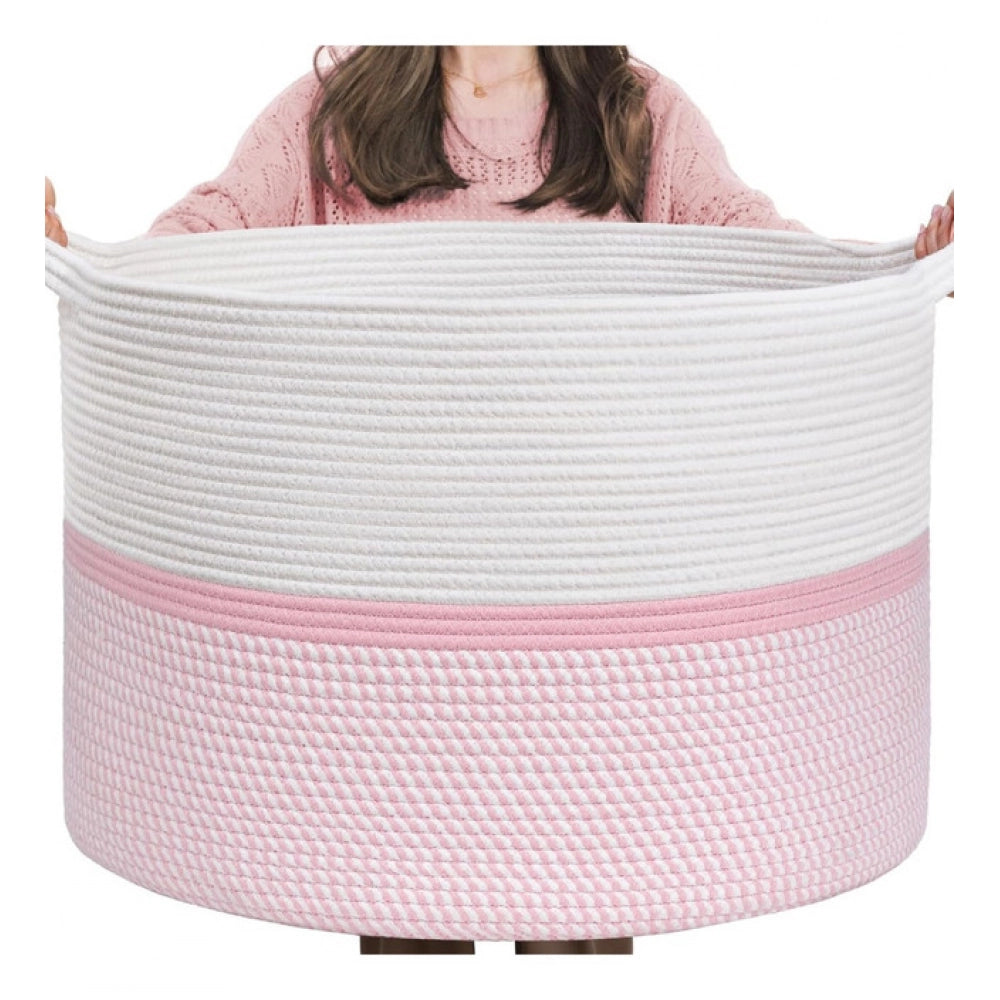 Generic Cotton Dori 16x14 Inch Storage Basket For Clothes (White-Pink White) Main image