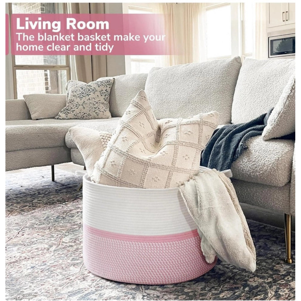 Generic Cotton Dori 16x14 Inch Storage Basket For Clothes (White-Pink White) Secondary image