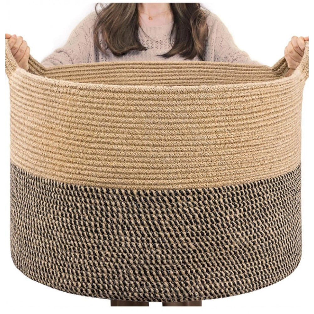 Generic Cotton 16x14 Inch Pack of 1 Storage Basket For Clothes (Beige- Beige Black) Main image