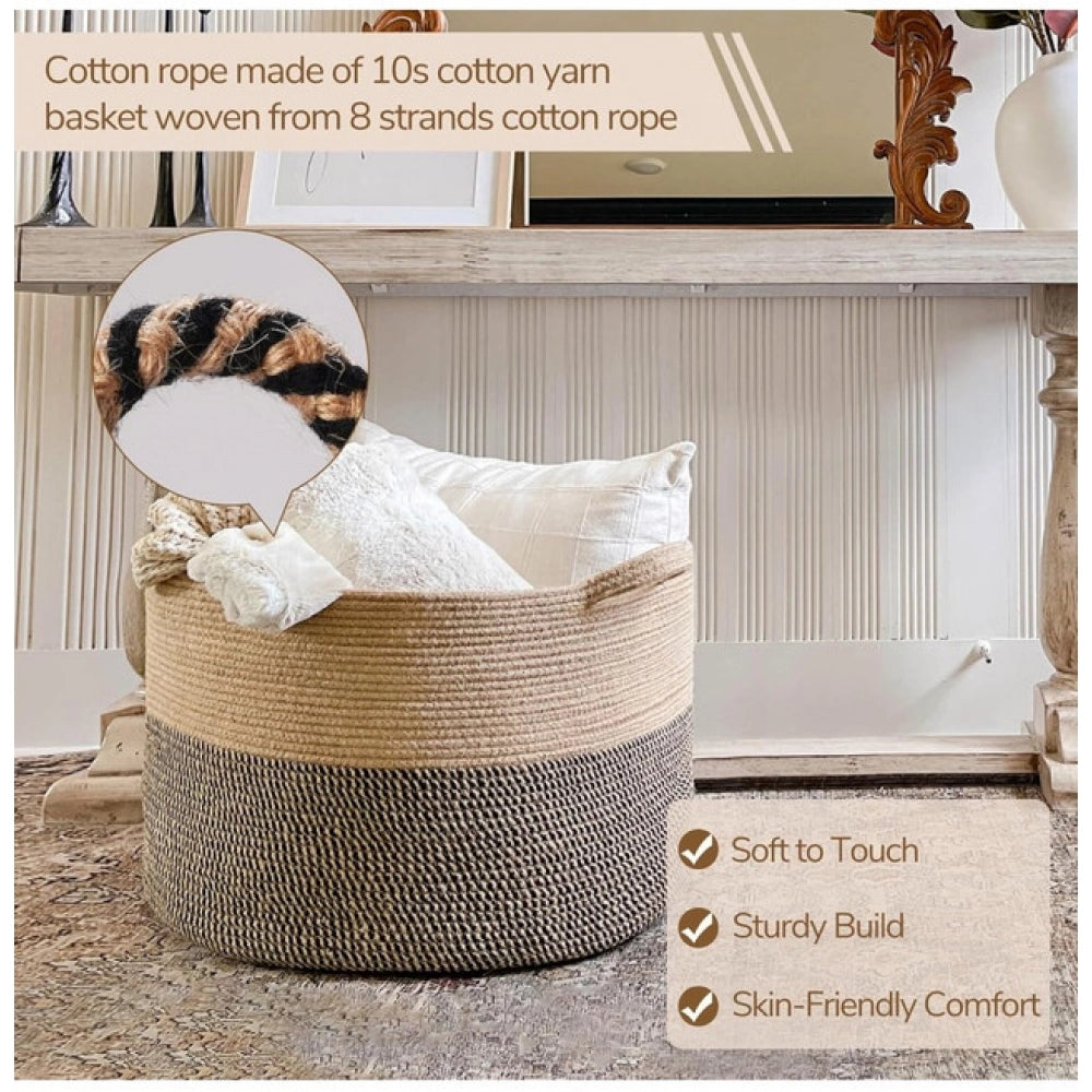 Generic Cotton 16x14 Inch Pack of 1 Storage Basket For Clothes (Beige- Beige Black) Secondary image