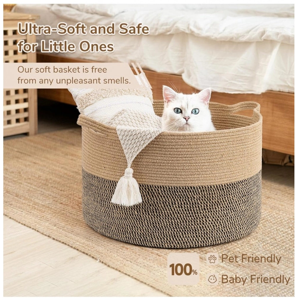 Generic Cotton 16x14 Inch Pack of 1 Storage Basket For Clothes (Beige- Beige Black)