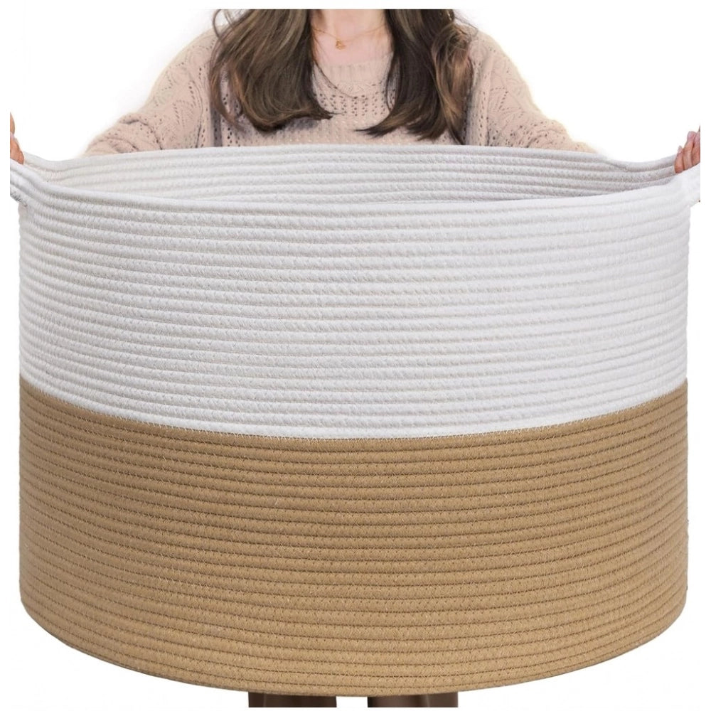 Generic Cotton 16x14 Inch Pack of 1 Storage Basket For Clothes (Beige-White) Main image