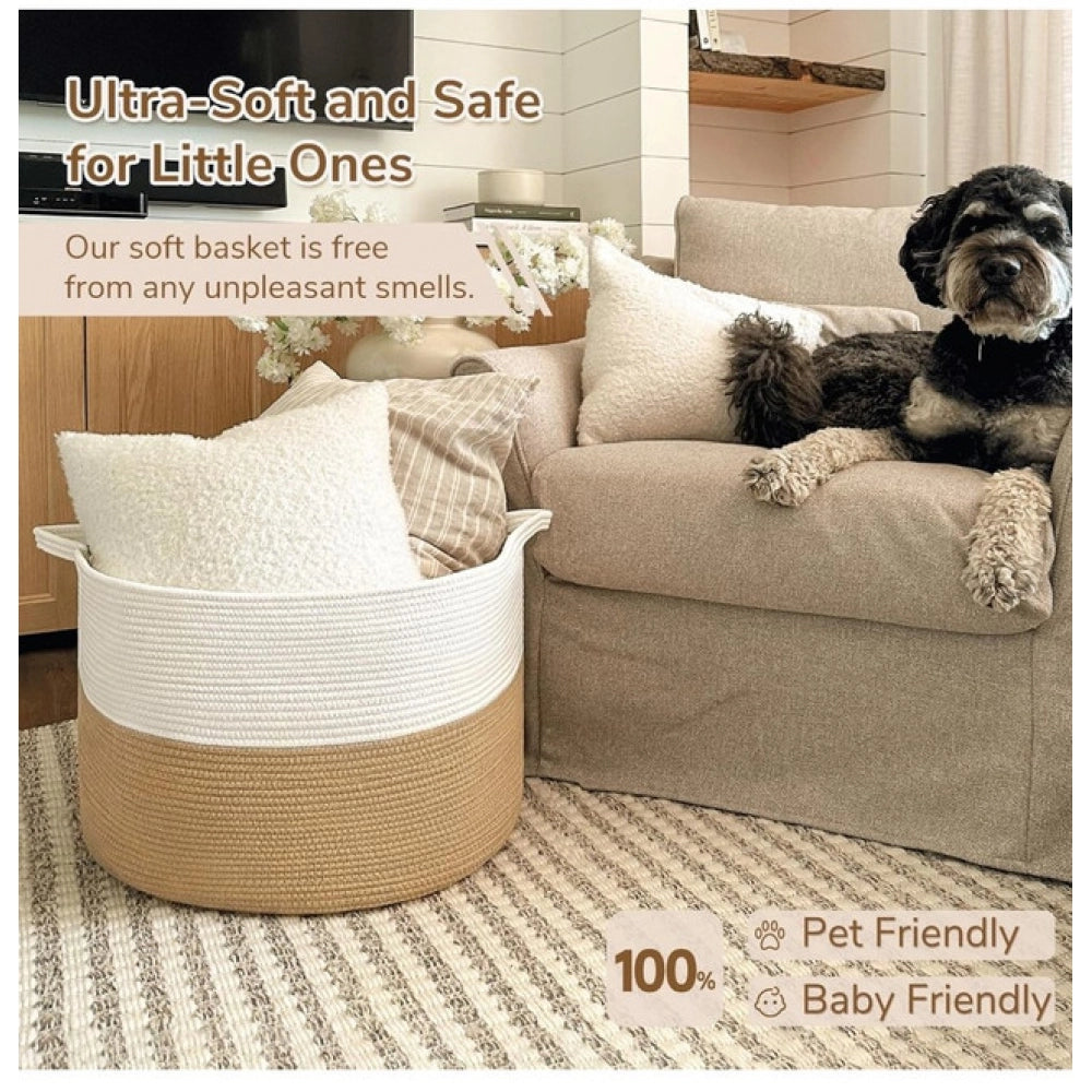 Generic Cotton 16x14 Inch Pack of 1 Storage Basket For Clothes (Beige-White) Secondary image