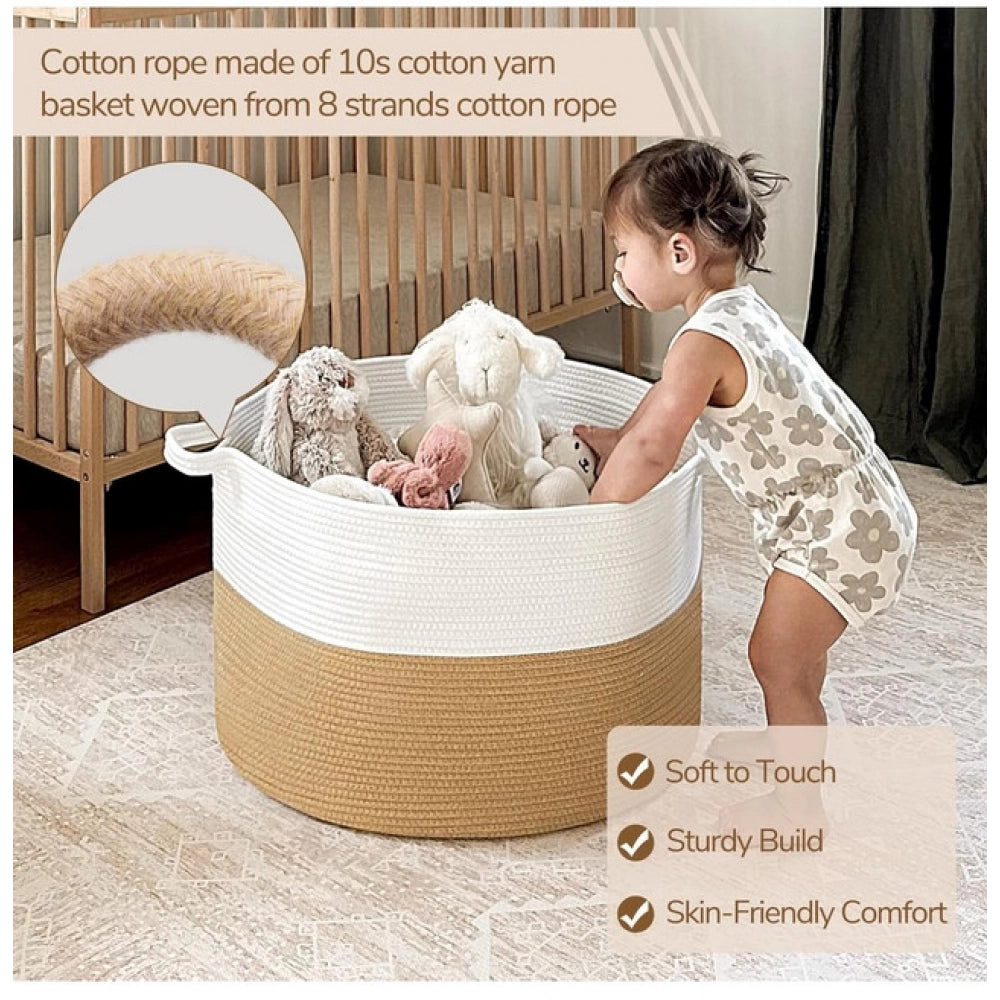 Generic Cotton 16x14 Inch Pack of 1 Storage Basket For Clothes (Beige-White)