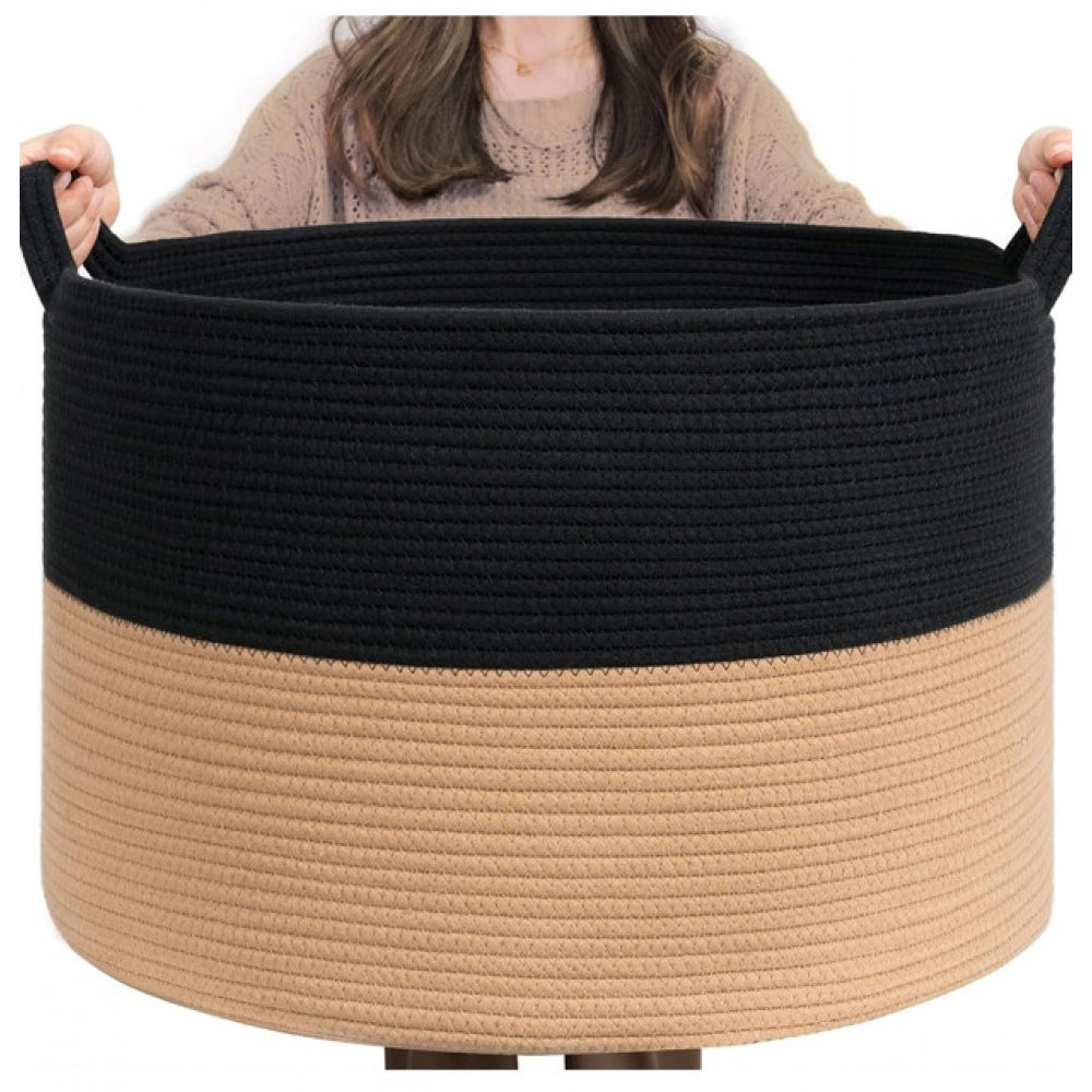 Generic Cotton 16x14 Inch Pack of 1 Storage Basket For Clothes (Black-Beige) Main image