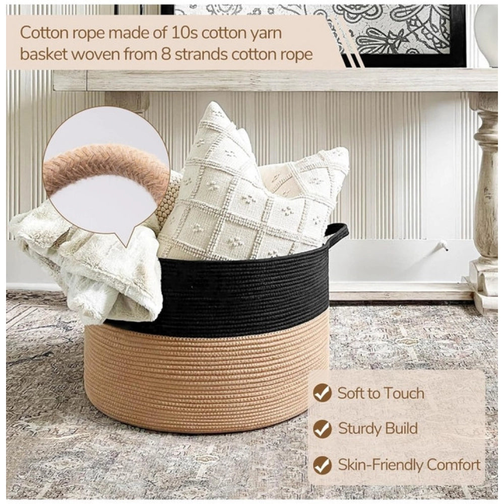 Generic Cotton 16x14 Inch Pack of 1 Storage Basket For Clothes (Black-Beige) Secondary image