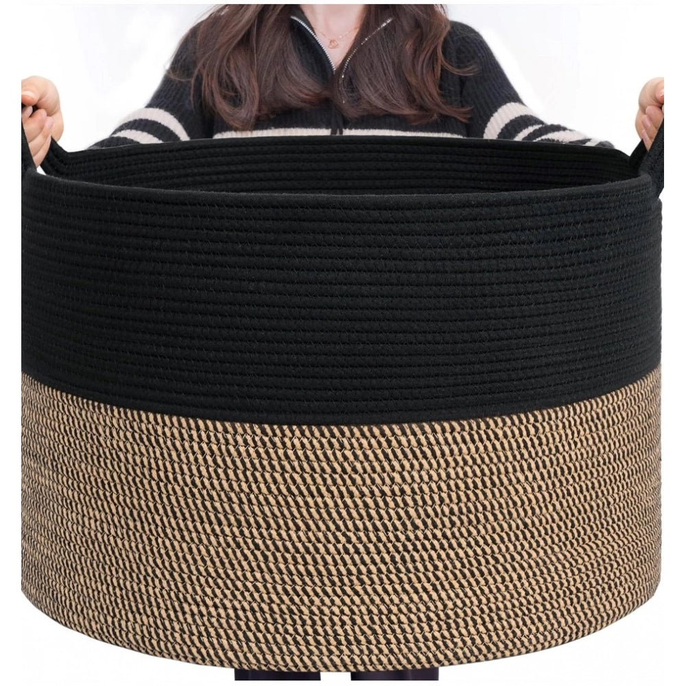 Generic Cotton 16x14 Inch Pack of 1 Storage Basket For Clothes (Black- Beige Black) Main image