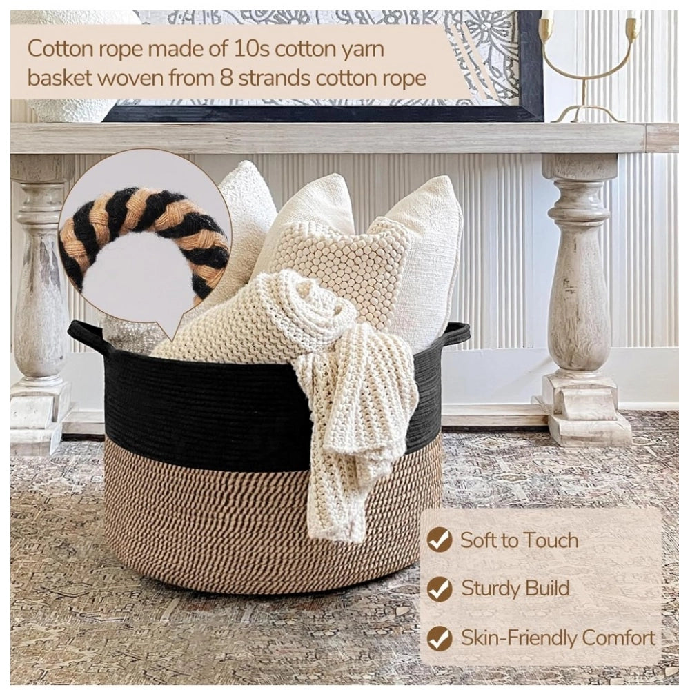 Generic Cotton 16x14 Inch Pack of 1 Storage Basket For Clothes (Black- Beige Black) Secondary image