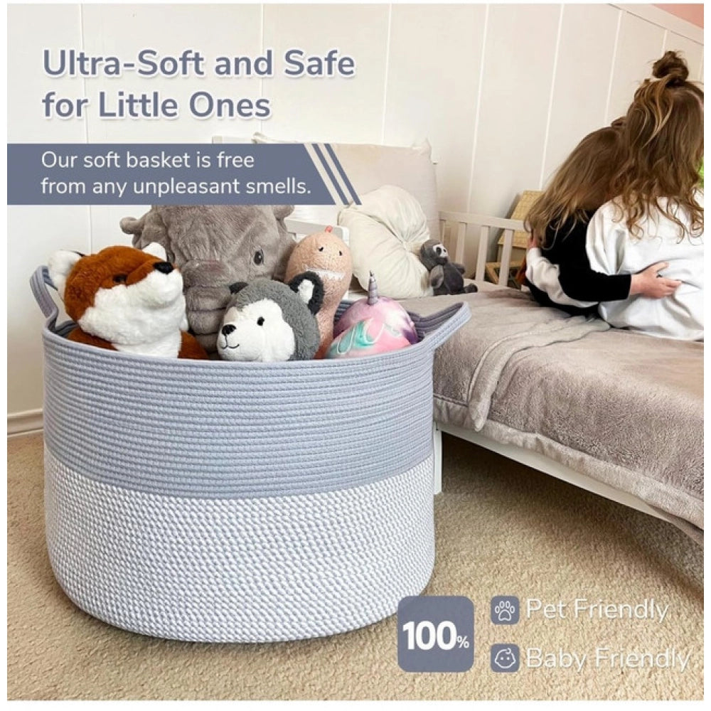 Generic Cotton 16x14 Inch Pack of 1 Storage Basket For Clothes (Gray- Gray White) Secondary image
