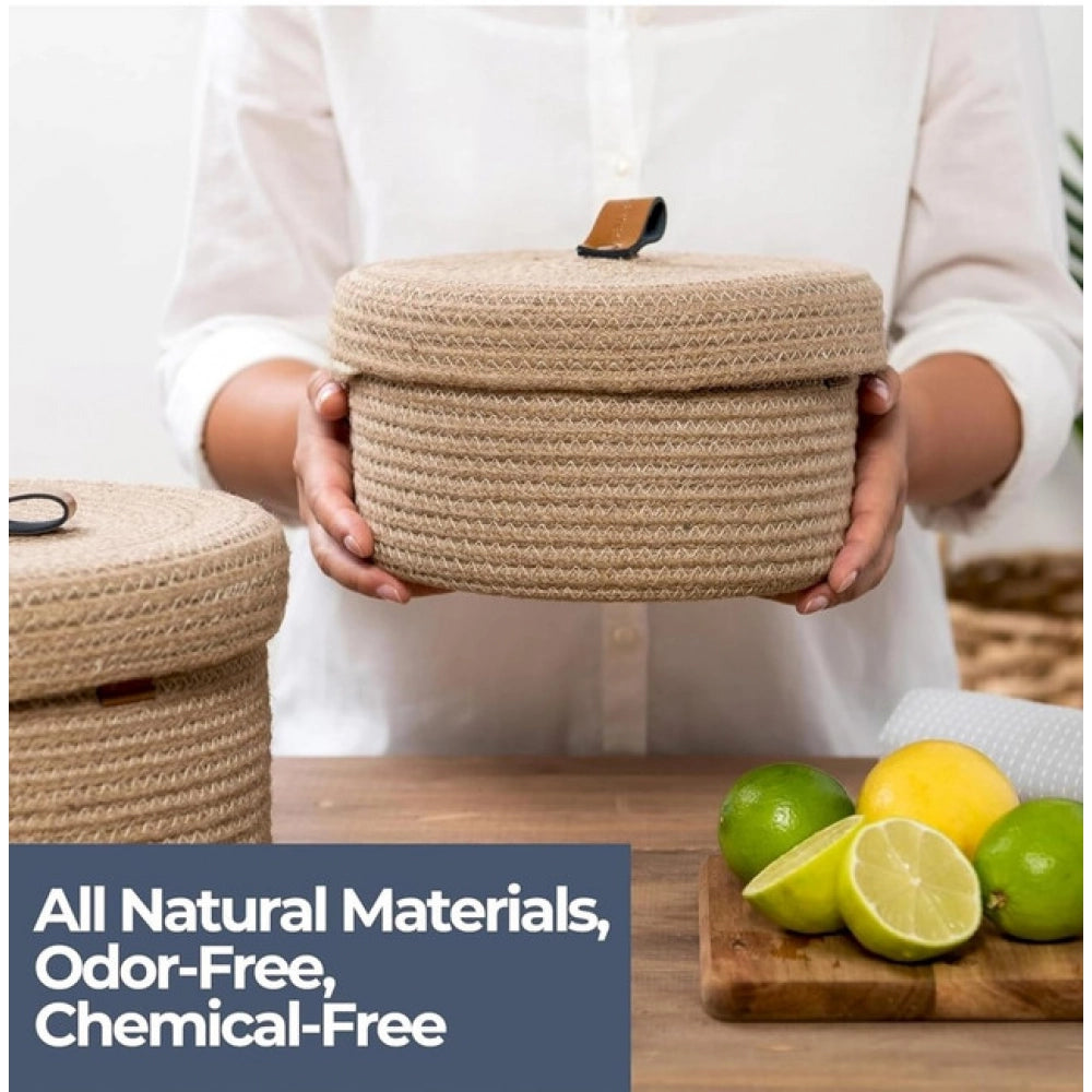Generic Cotton 2 Pcs Set Roti Box Storage Basket With Lid (Beige) Secondary image
