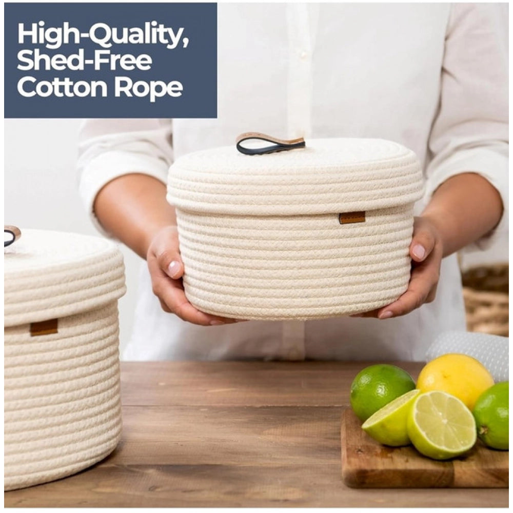 Generic Cotton 2 Pcs Set Roti Box Storage Basket With Lid (White) Secondary image