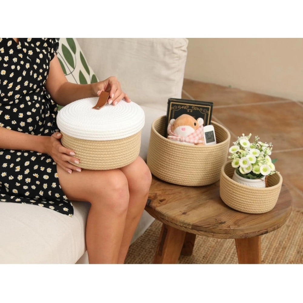 Generic Cotton 3 Pcs Set Roti Box Storage Basket With Lid (Beige) Secondary image