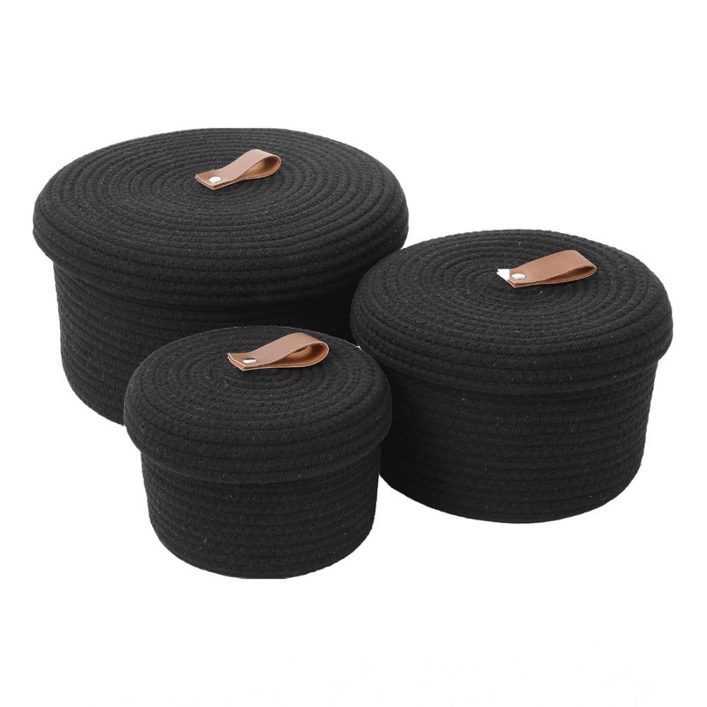 Generic Cotton 3 Pcs Set Roti Box Storage Basket With Lid (Black) Main image