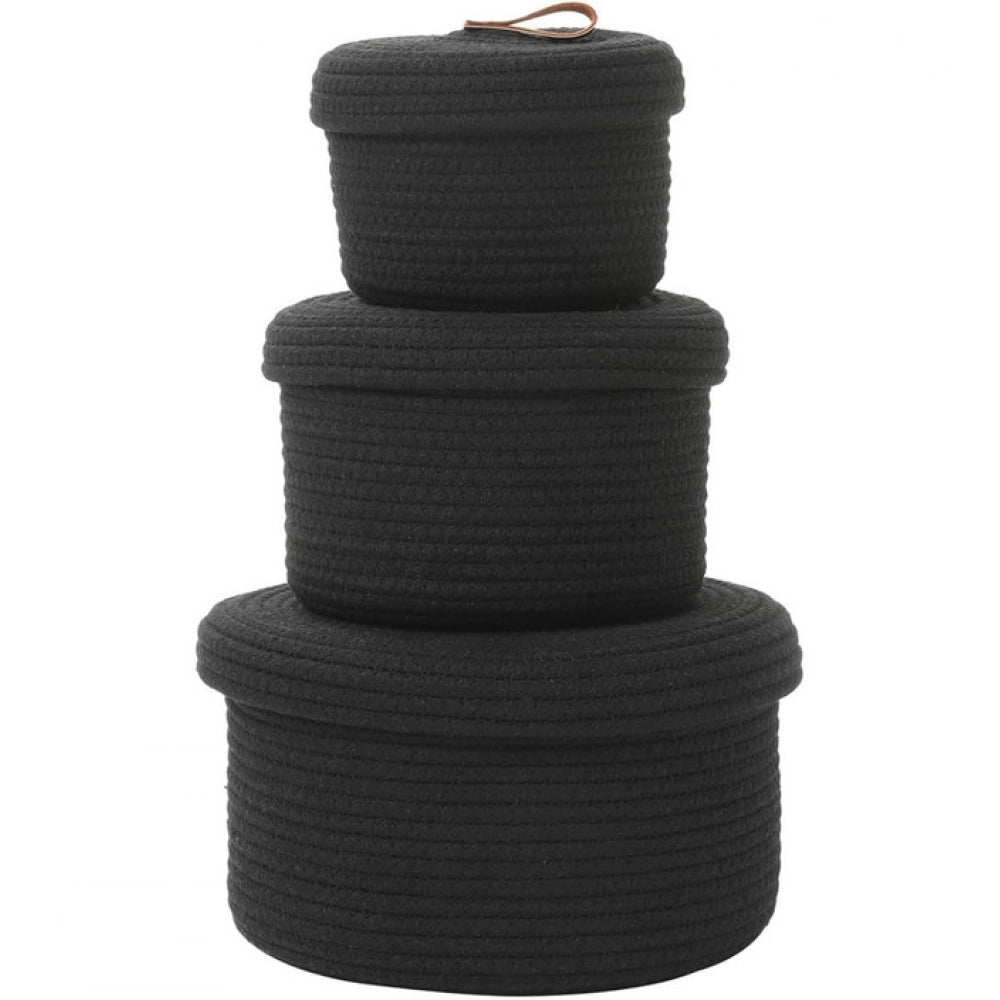 Generic Cotton 3 Pcs Set Roti Box Storage Basket With Lid (Black) Secondary image