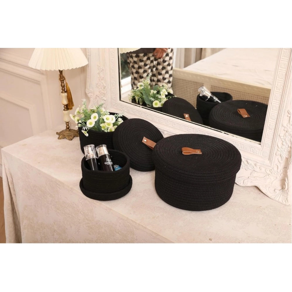 Generic Cotton 3 Pcs Set Roti Box Storage Basket With Lid (Black)