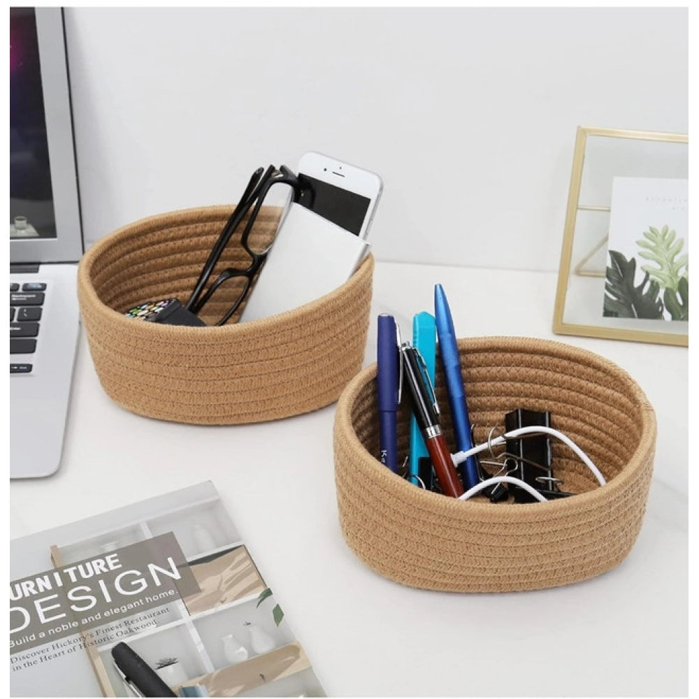Generic Cotton 8x3 Inch Round 2 Set Bedside Organizer (Beige)