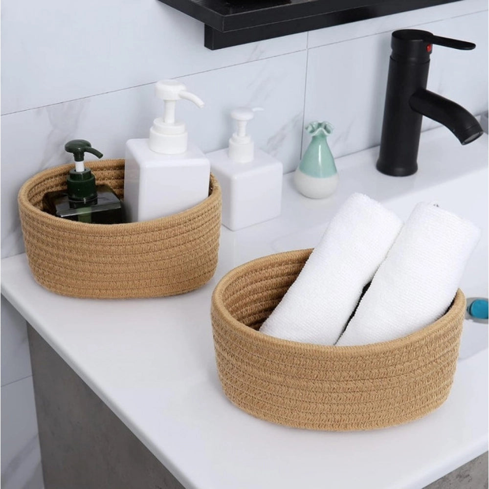 Generic Cotton 8x3 Inch Round 2 Set Bedside Organizer (Beige)
