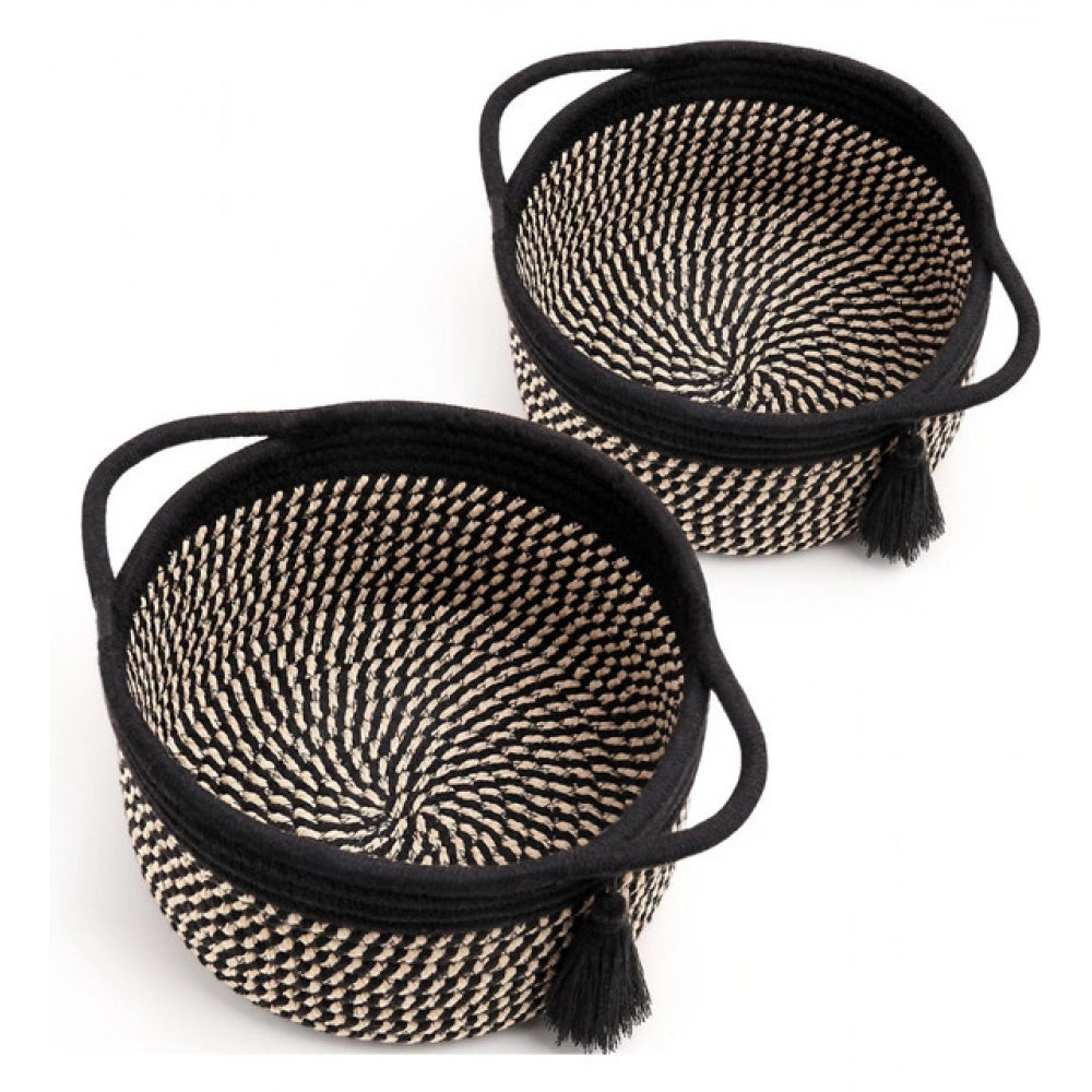 Generic Cotton 8x4 Inch Round 2 Set With Jhalar Bedside Organizer (Black Beige) Main image
