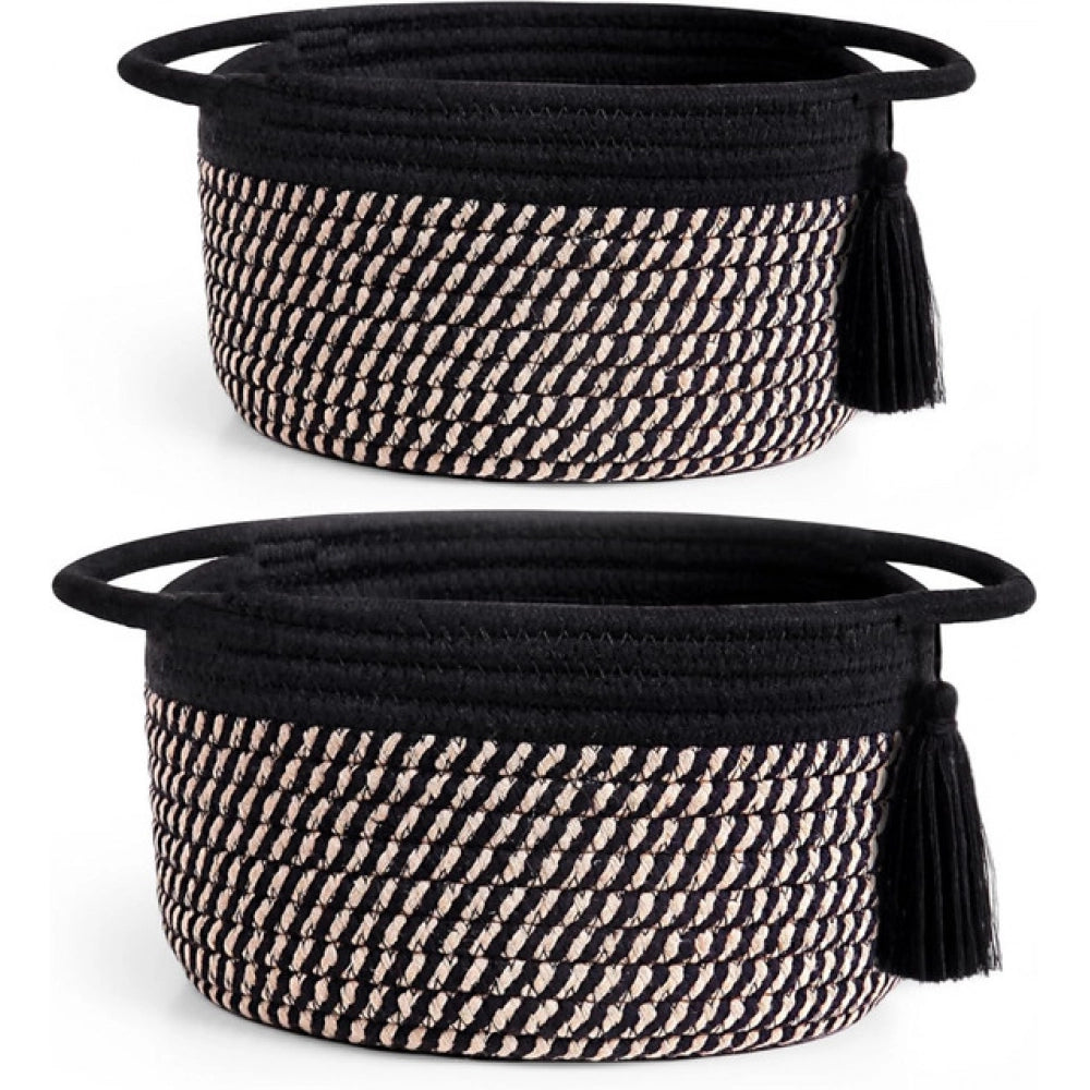 Generic Cotton 8x4 Inch Round 2 Set With Jhalar Bedside Organizer (Black Beige) Secondary image