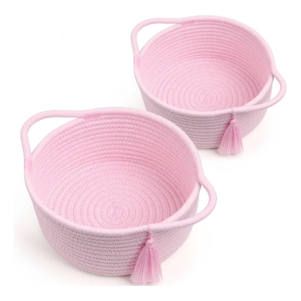Generic Cotton 8x4 Inch Round 2 Set With Jhalar Bedside Organizer (Pink) Main image