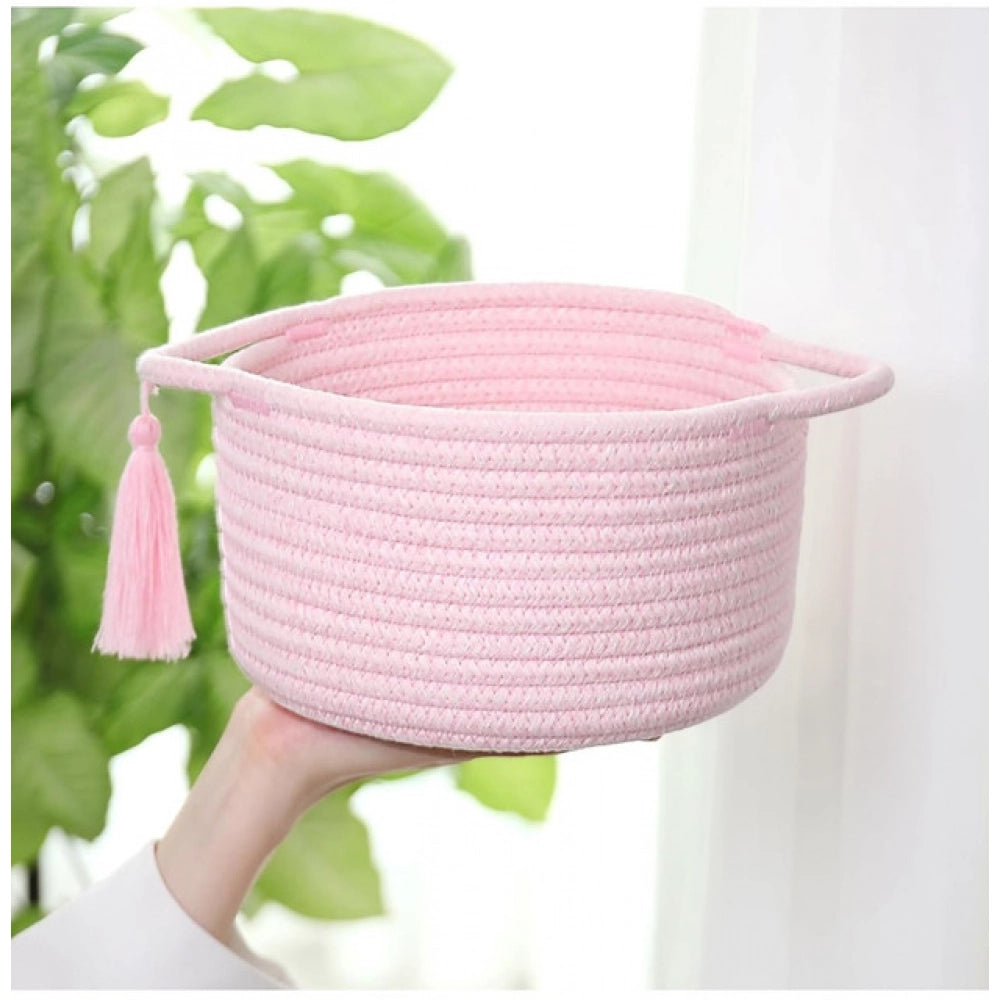 Generic Cotton 8x4 Inch Round 2 Set With Jhalar Bedside Organizer (Pink) Secondary image