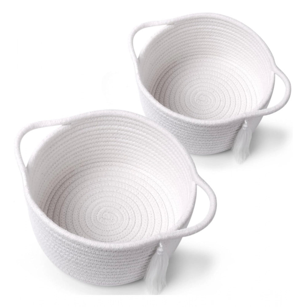 Generic Cotton 8x4 Inch Round 2 Set With Jhalar Bedside Organizer (White) Main image