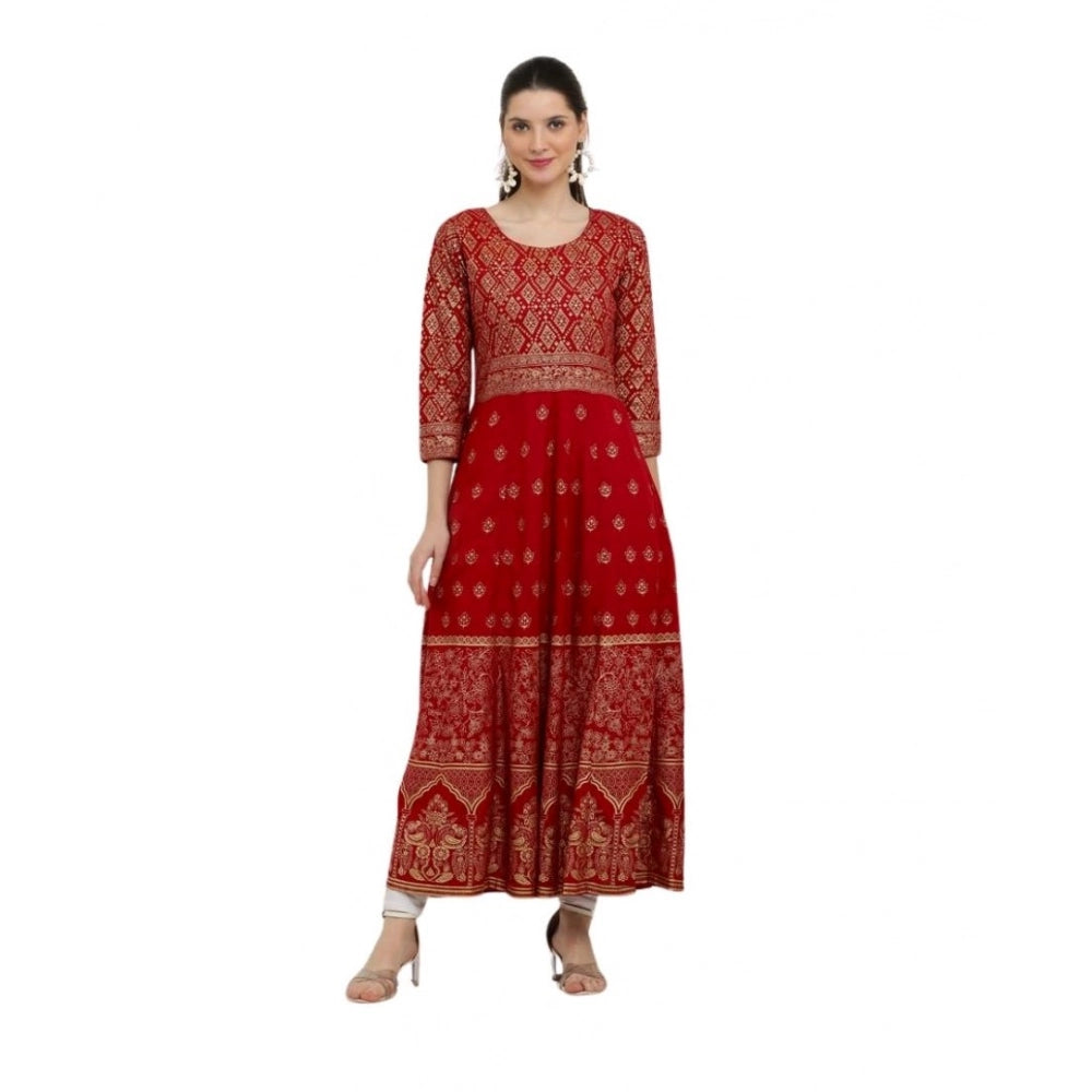 Generic Women's Casual Rayon 3-4th Sleeves Anarkali Kurti (Red) Main image