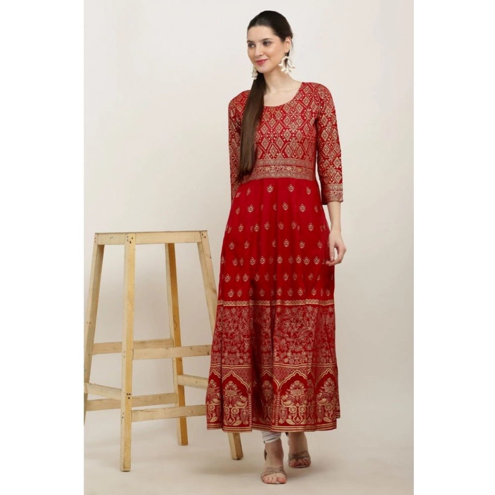 Generic Women's Casual Rayon 3-4th Sleeves Anarkali Kurti (Red) Secondary image