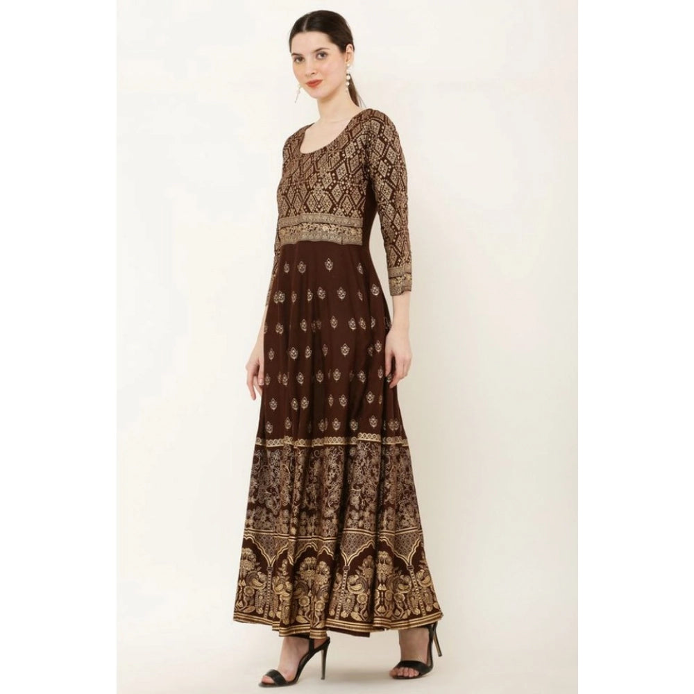 Generic Women's Casual Rayon 3-4th Sleeves Anarkali Kurti (Brown) Secondary image