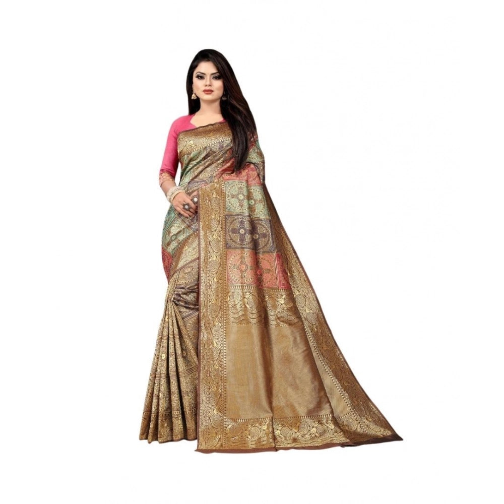Generic Women's Soft Lichi Silk Printed Saree With Unstitched Blouse 5.5Mtr (Gold) Main image