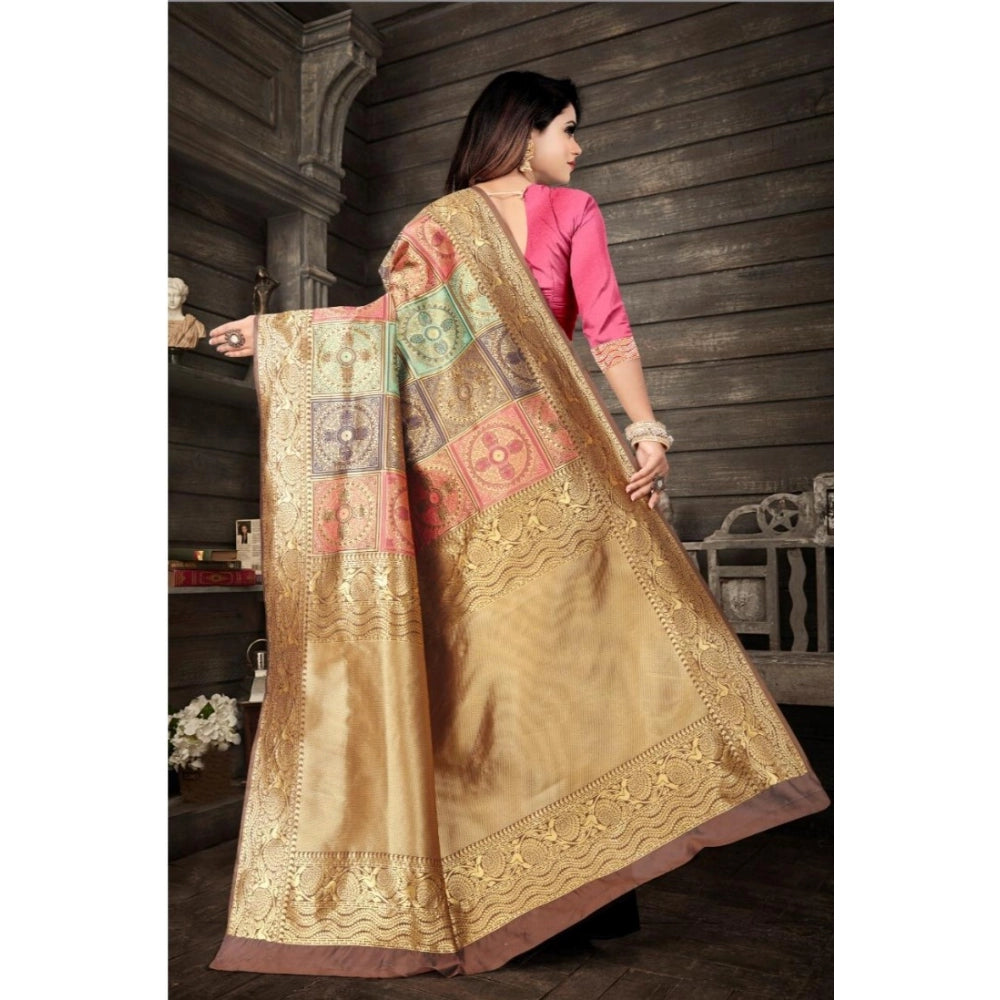 Generic Women's Soft Lichi Silk Printed Saree With Unstitched Blouse 5.5Mtr (Gold) Secondary image