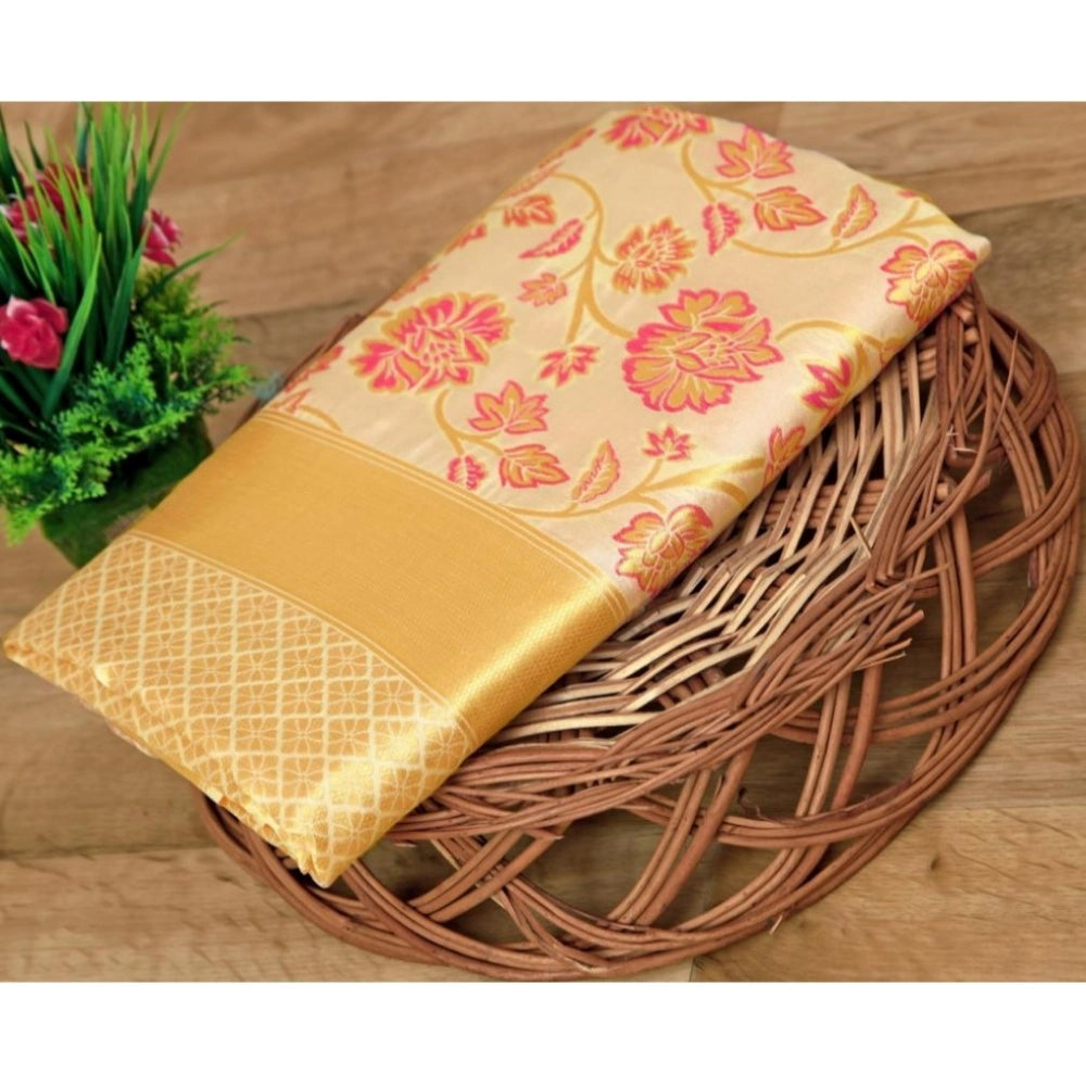 Generic Women's Soft Lichi Silk Printed Saree With Unstitched Blouse 5.5Mtr (Gold) Main image