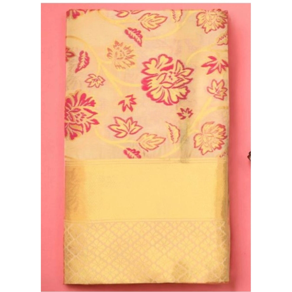 Generic Women's Soft Lichi Silk Printed Saree With Unstitched Blouse 5.5Mtr (Gold) Secondary image