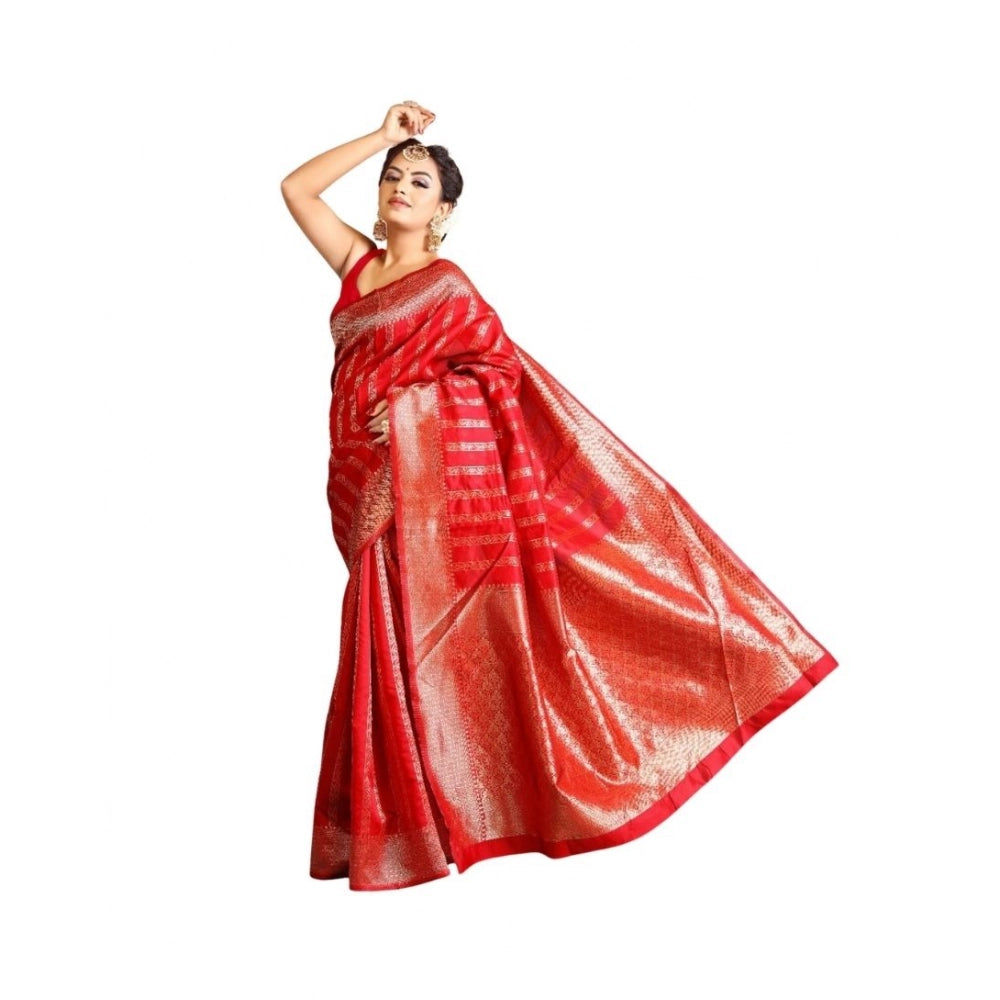 Generic Women's Soft Lichi Silk Printed Saree With Unstitched Blouse 5.5Mtr (Red)