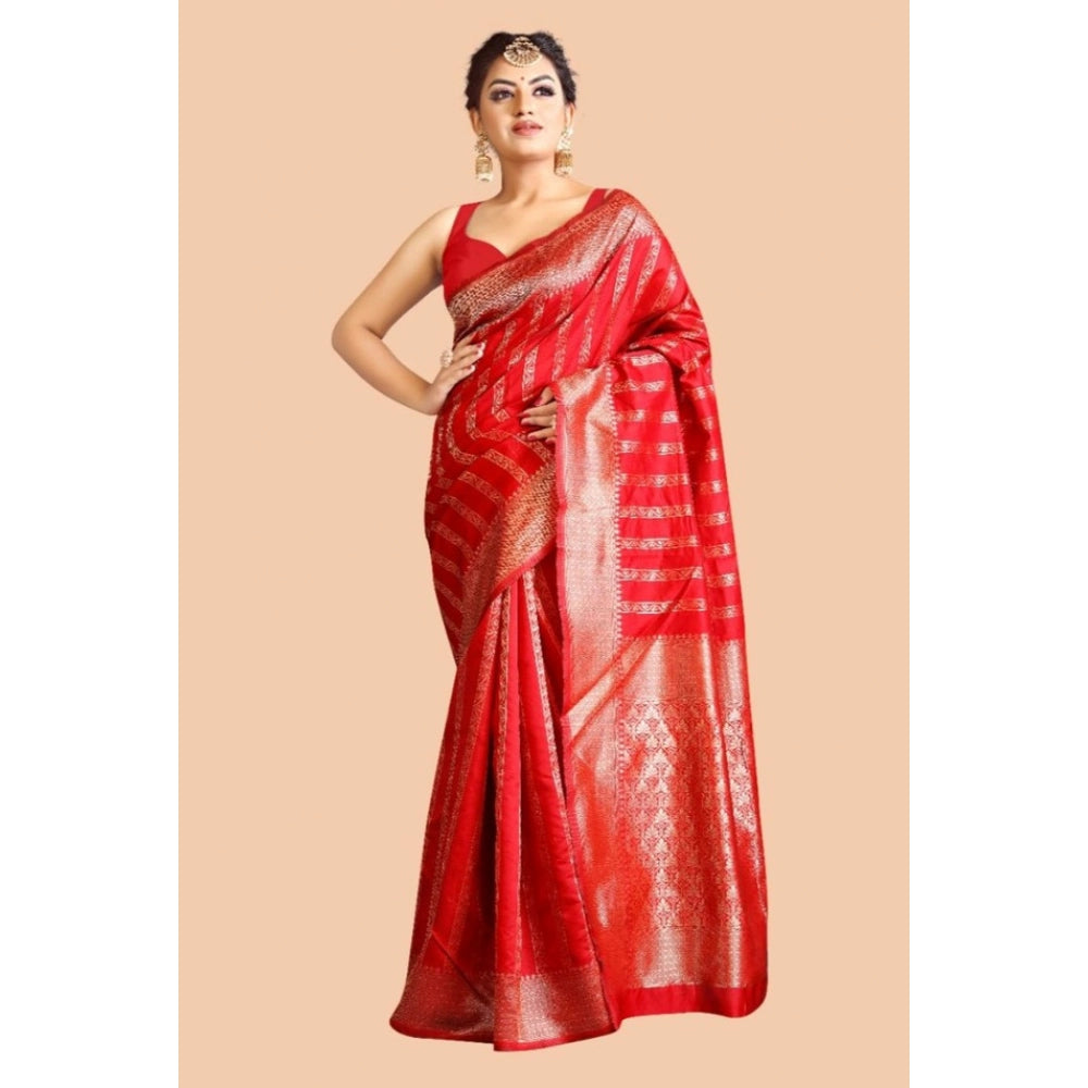 Generic Women's Soft Lichi Silk Printed Saree With Unstitched Blouse 5.5Mtr (Red) Secondary image