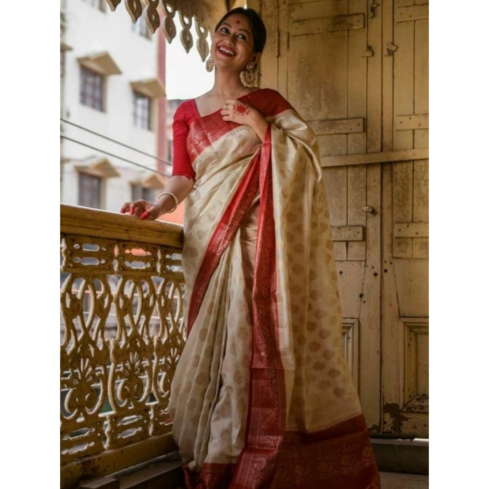 Generic Women's Soft Lichi Silk Printed Saree With Unstitched Blouse 5.5Mtr (White) Main image