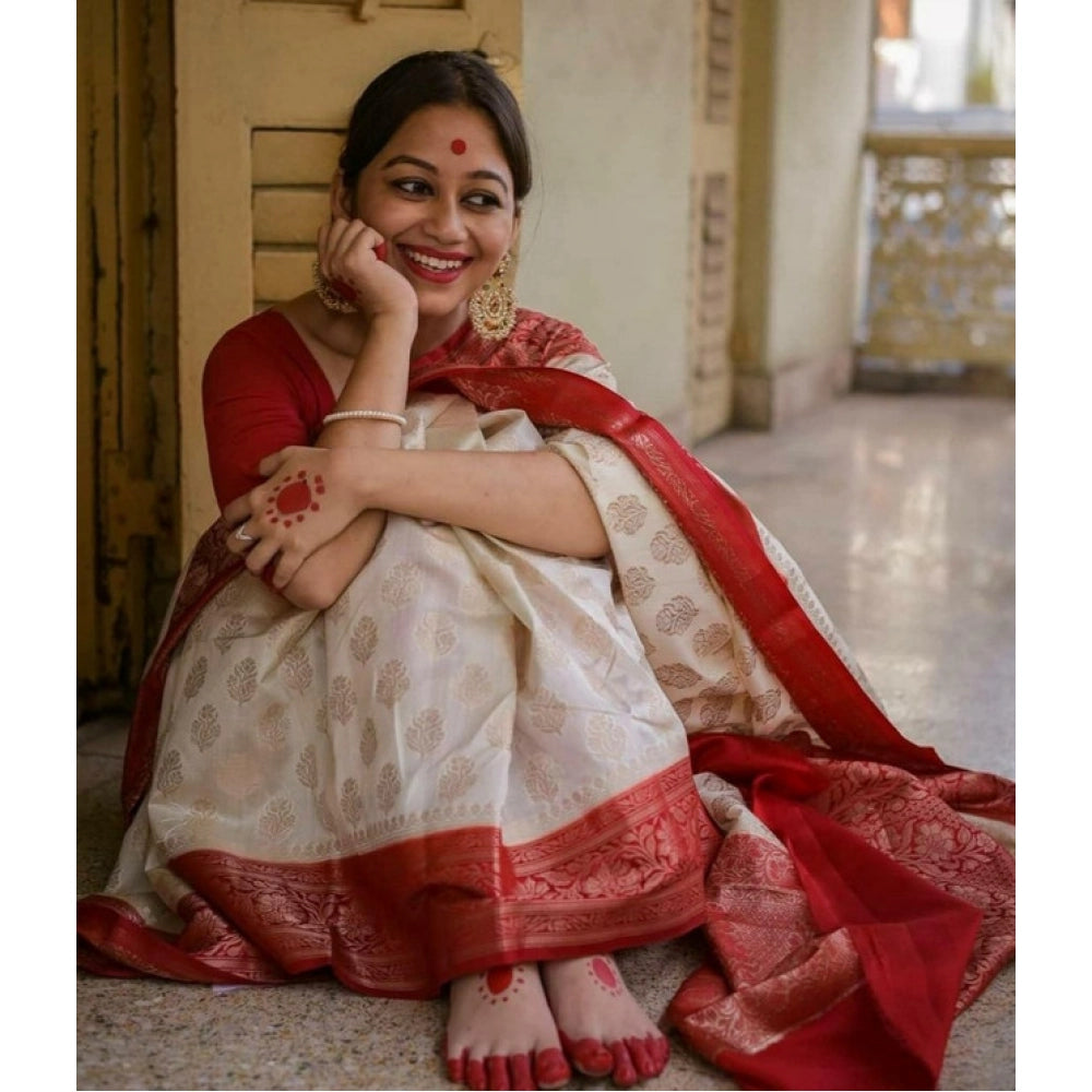 Generic Women's Soft Lichi Silk Printed Saree With Unstitched Blouse 5.5Mtr (White) Secondary image