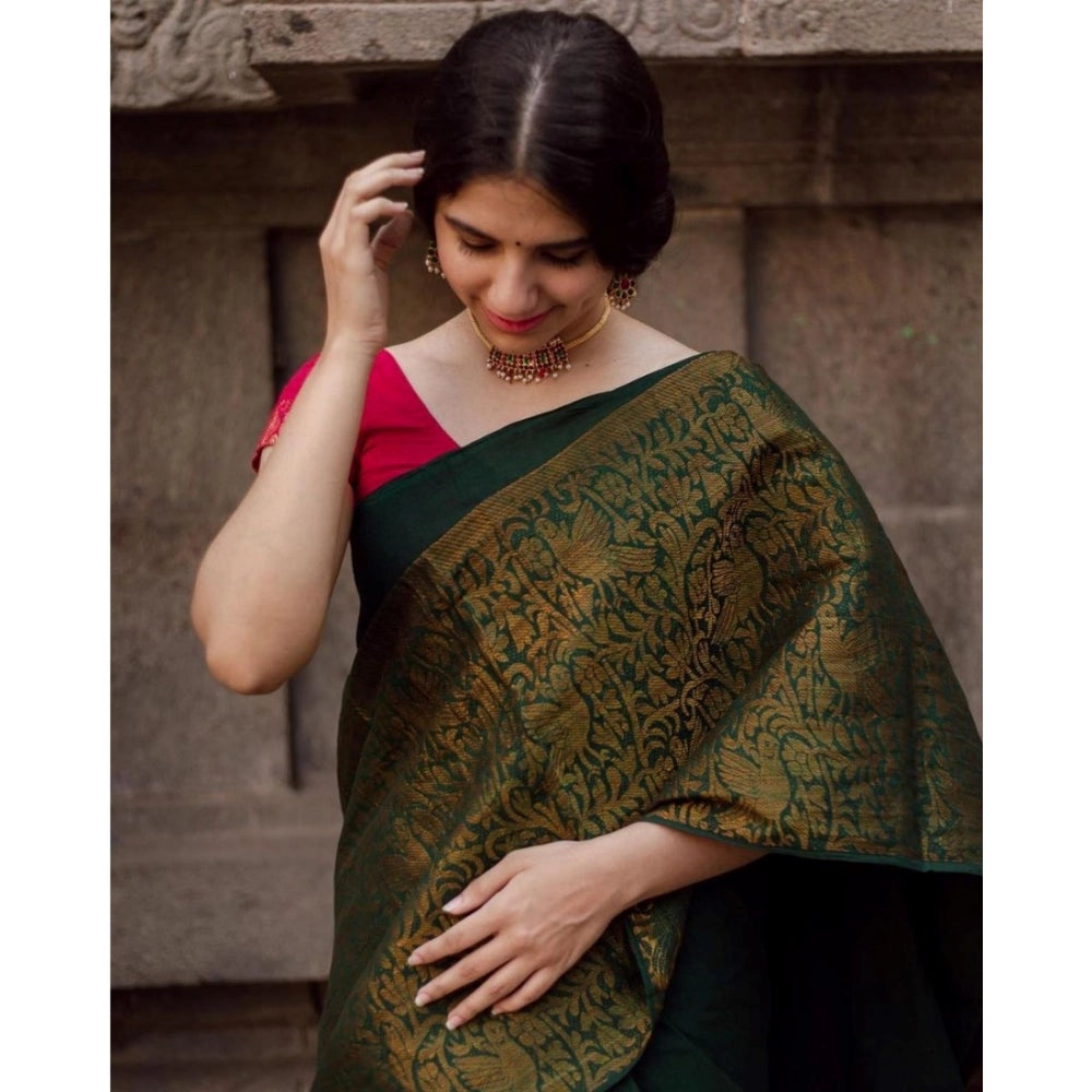 Generic Women's Soft Lichi Silk Printed Saree With Unstitched Blouse 5.5Mtr (Green) Main image