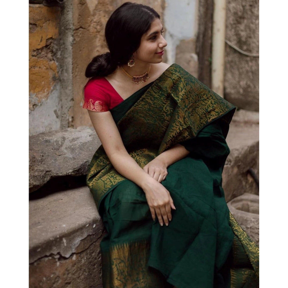 Generic Women's Soft Lichi Silk Printed Saree With Unstitched Blouse 5.5Mtr (Green) Secondary image